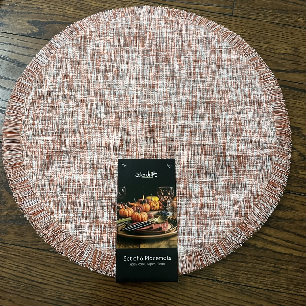 COLORDRIFT PLACEMATS 6 Orange White Fringe 15 INCH ROUND PVC Polyester NWT
